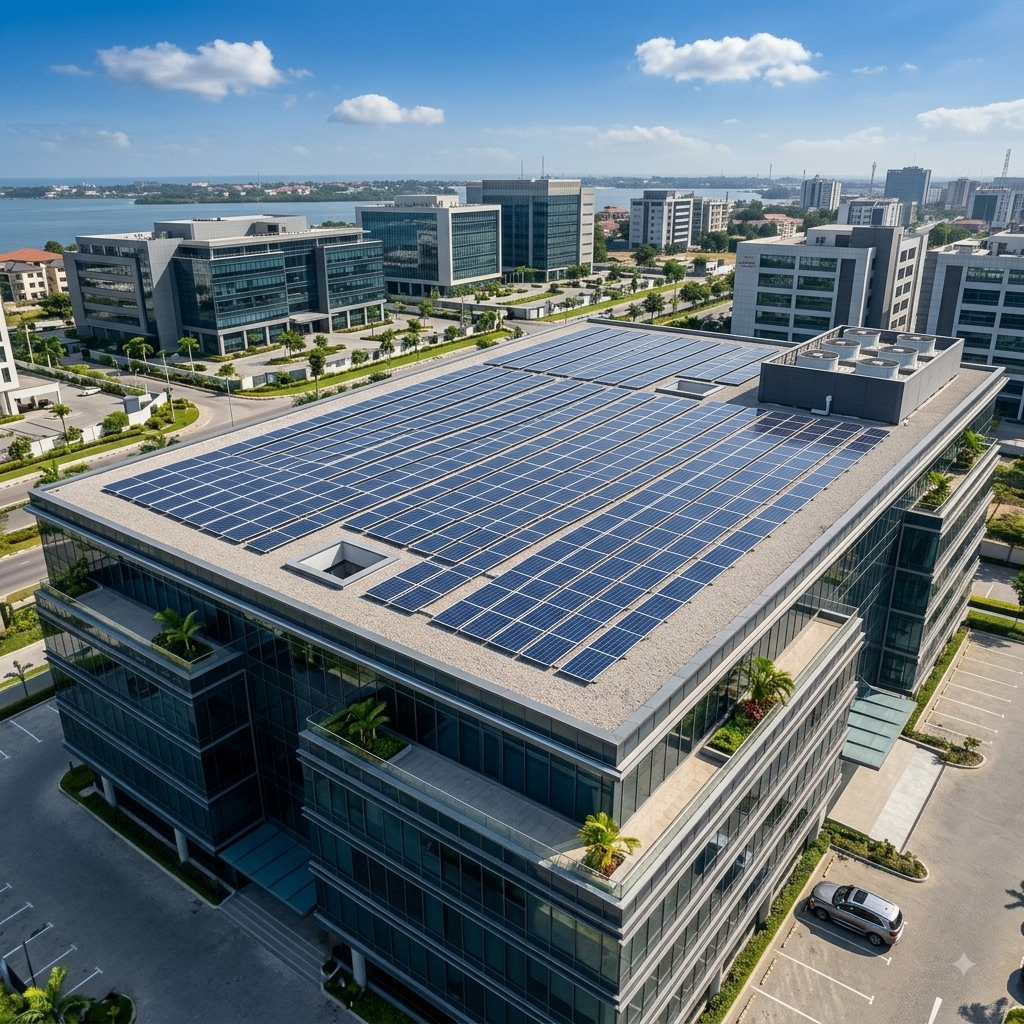 Large commercial solar installation on a warehouse roof